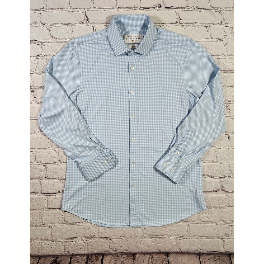 Mizzen Main Spinnaker Shirt Mens Large Trim Fit Blue Gingham Performance Stretch